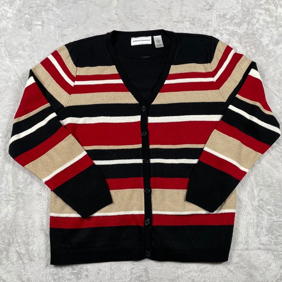 Alfred Dunner Sweaters - Alfred Dunner Striped Cardigan Sweater‎ Black Red Beige White Womens S
